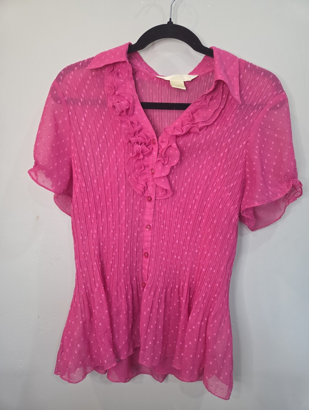 VTG New York Design Co Blouse Sheer Pink Ruffle Pleated Button Up Size XL
